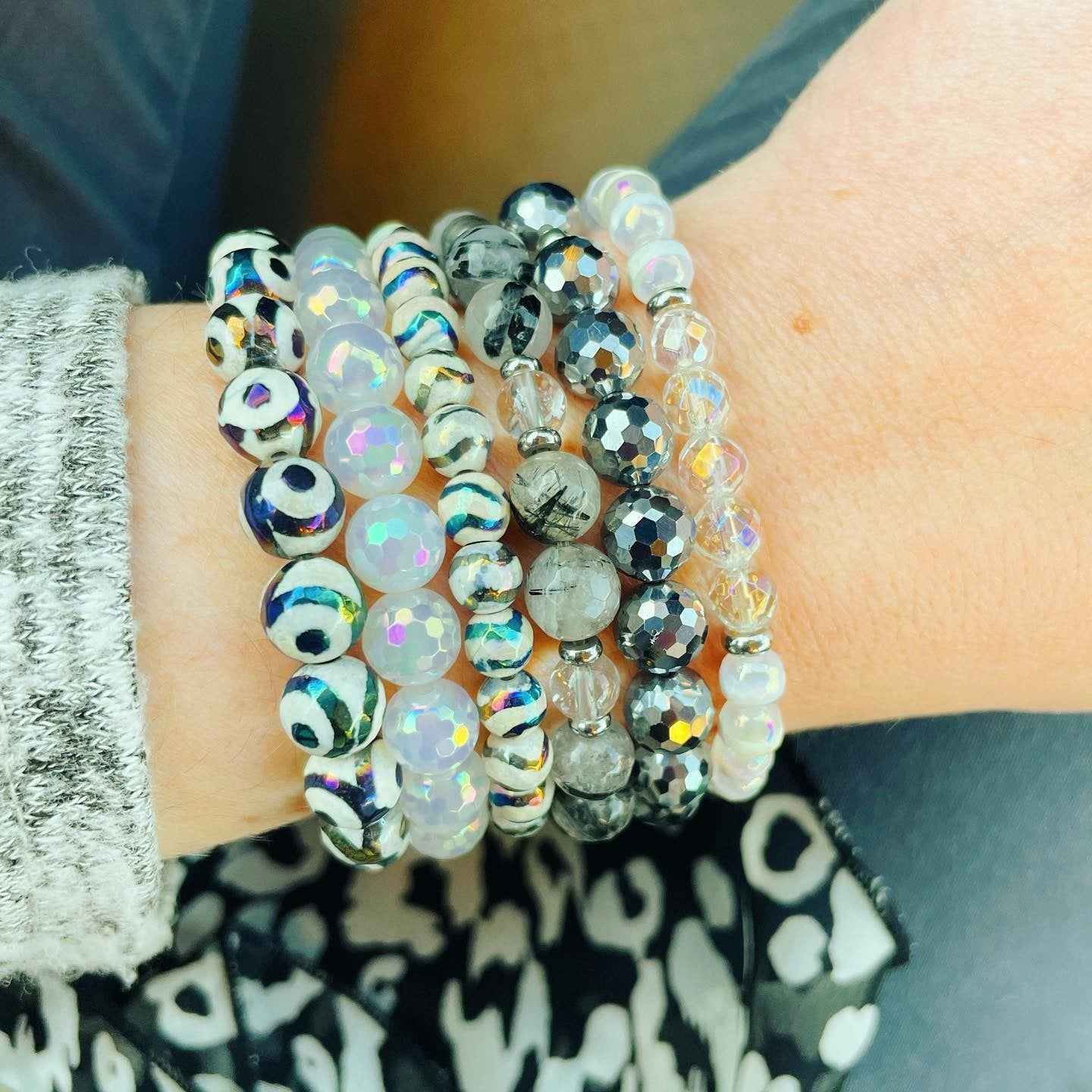 Protection & Balance - Black Evil Eye Tibetan Agate Faceted Stacker Bracelet