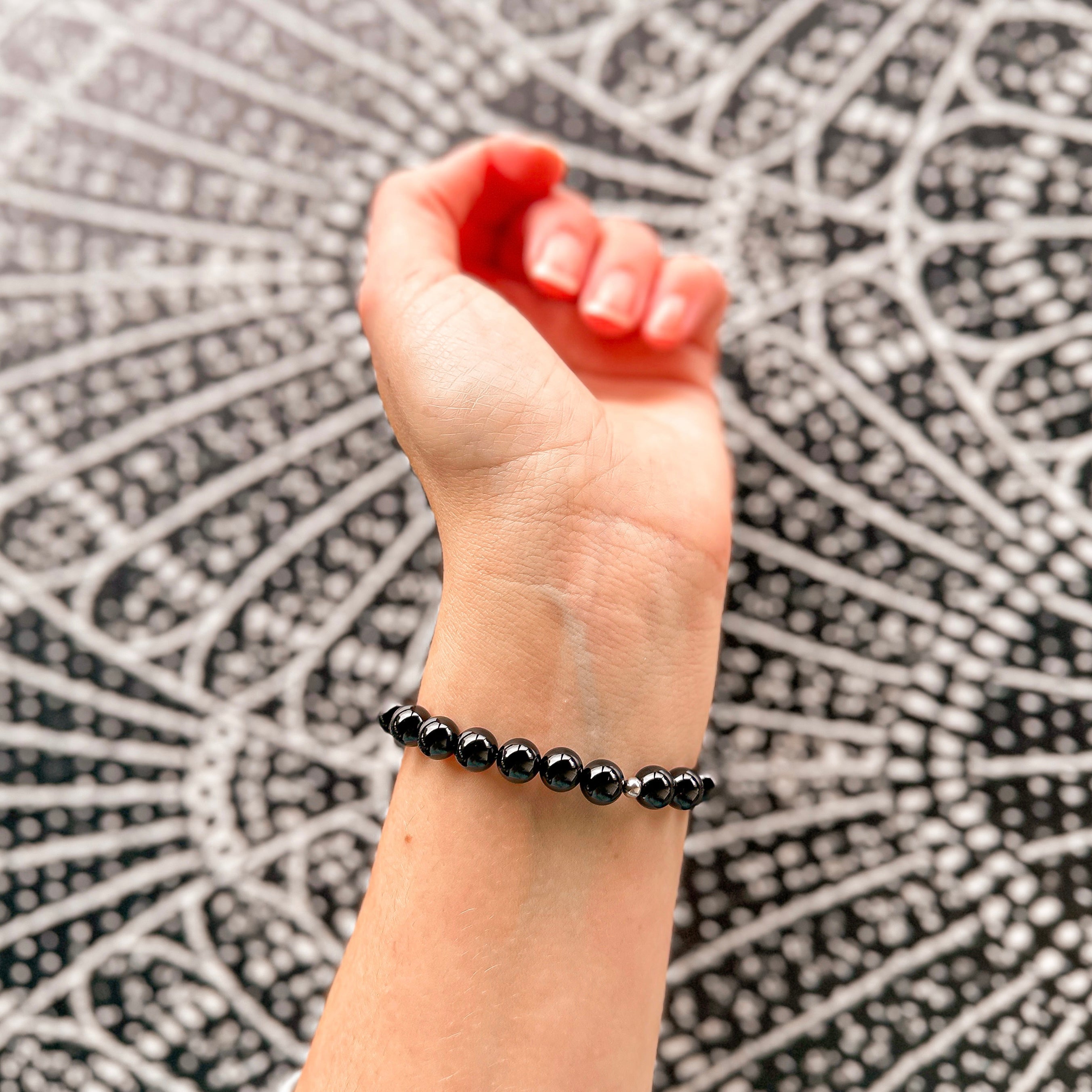 Featherly Black Onyx Stacker Beaded Crystal Gemstone Bracelet on wrist