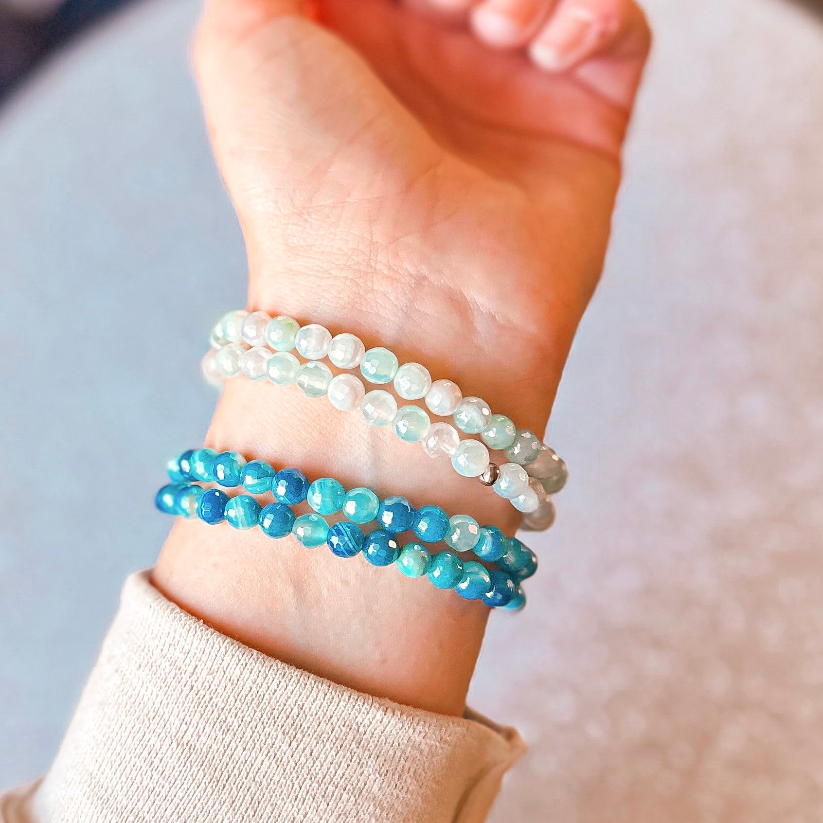 Balance - Light Blue Banded Agate Faceted Mini Stacker Bracelet