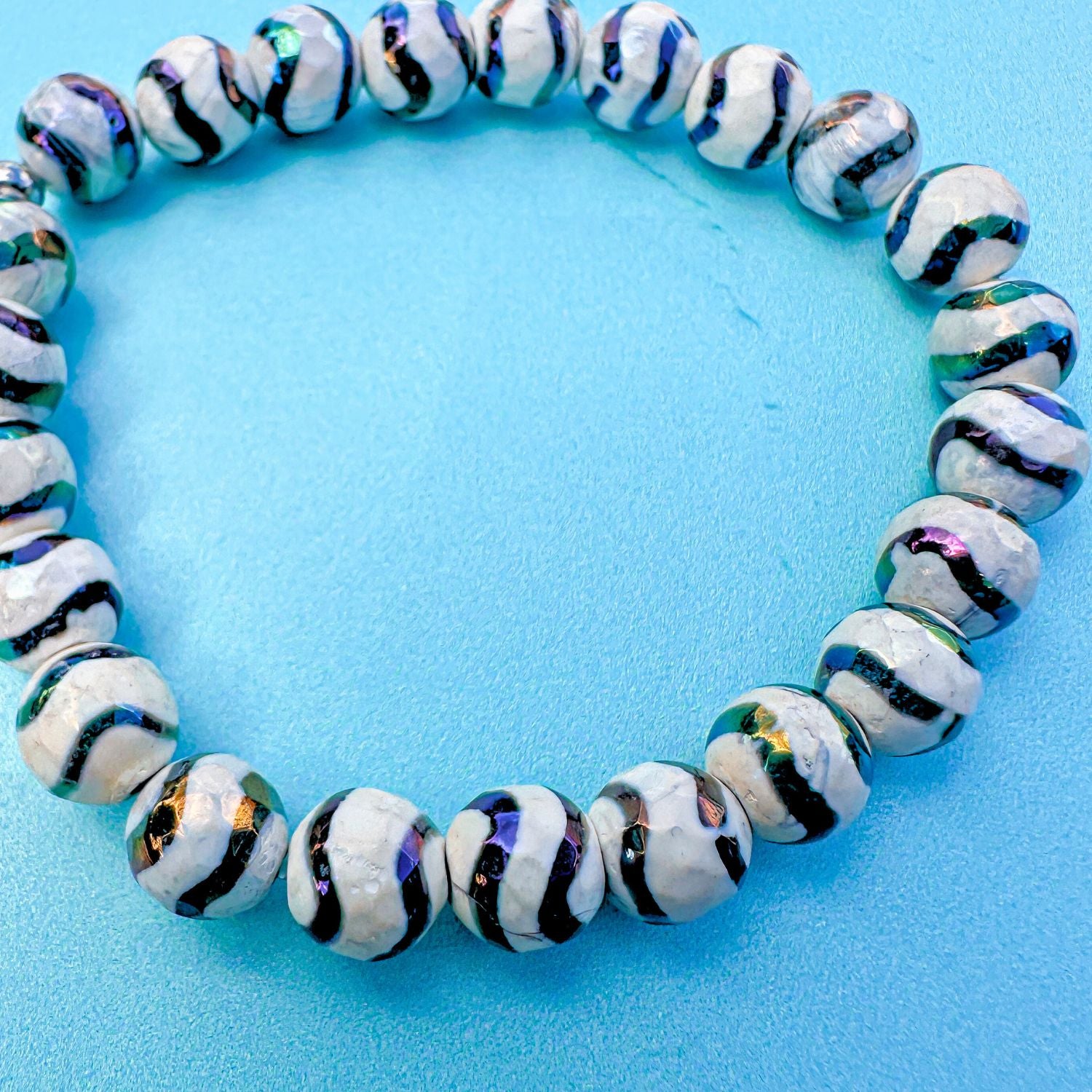 Protection & Balance - Black Wave Tibetan Agate Faceted Stacker Bracelet