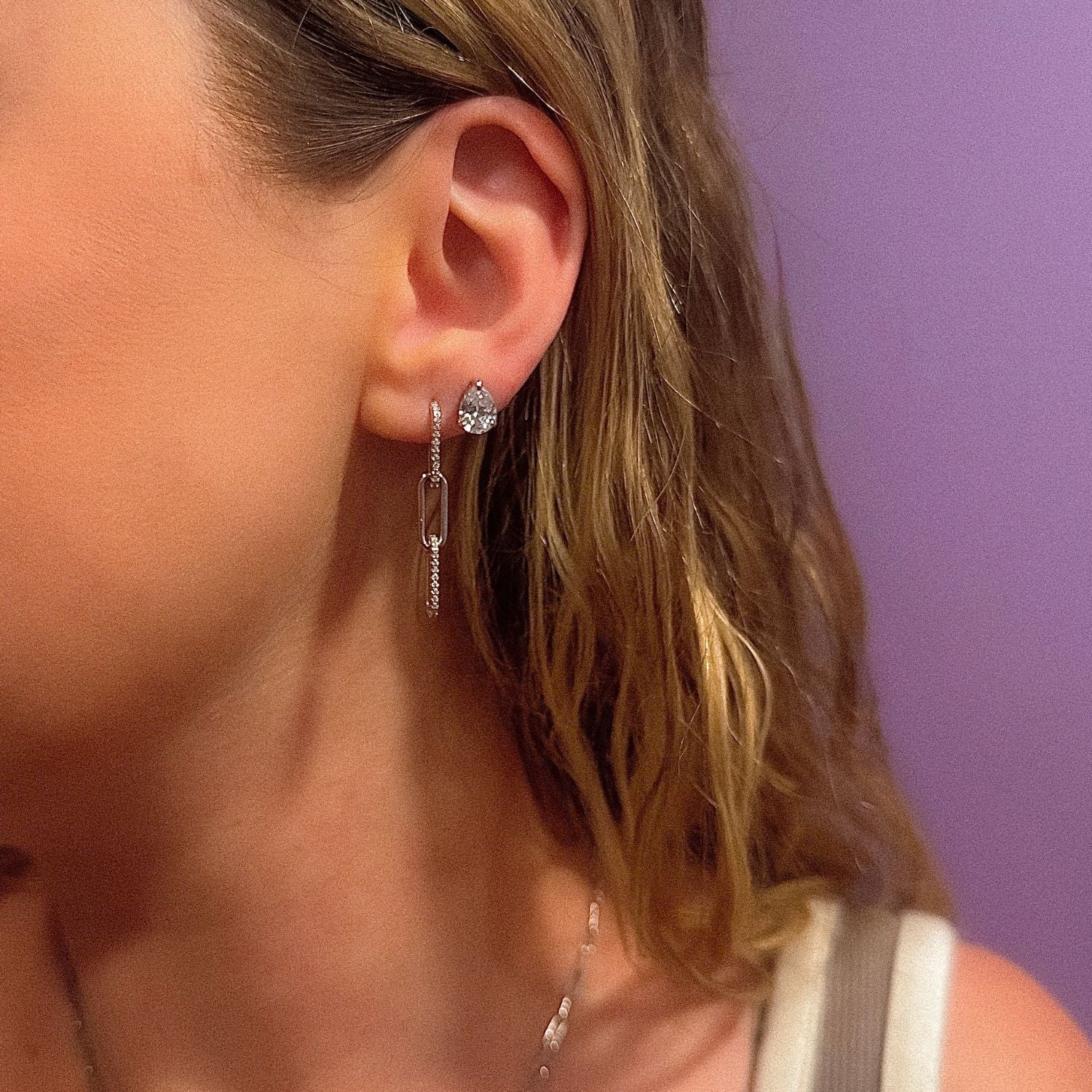 CZ Paperclip Link Dangle Earrings