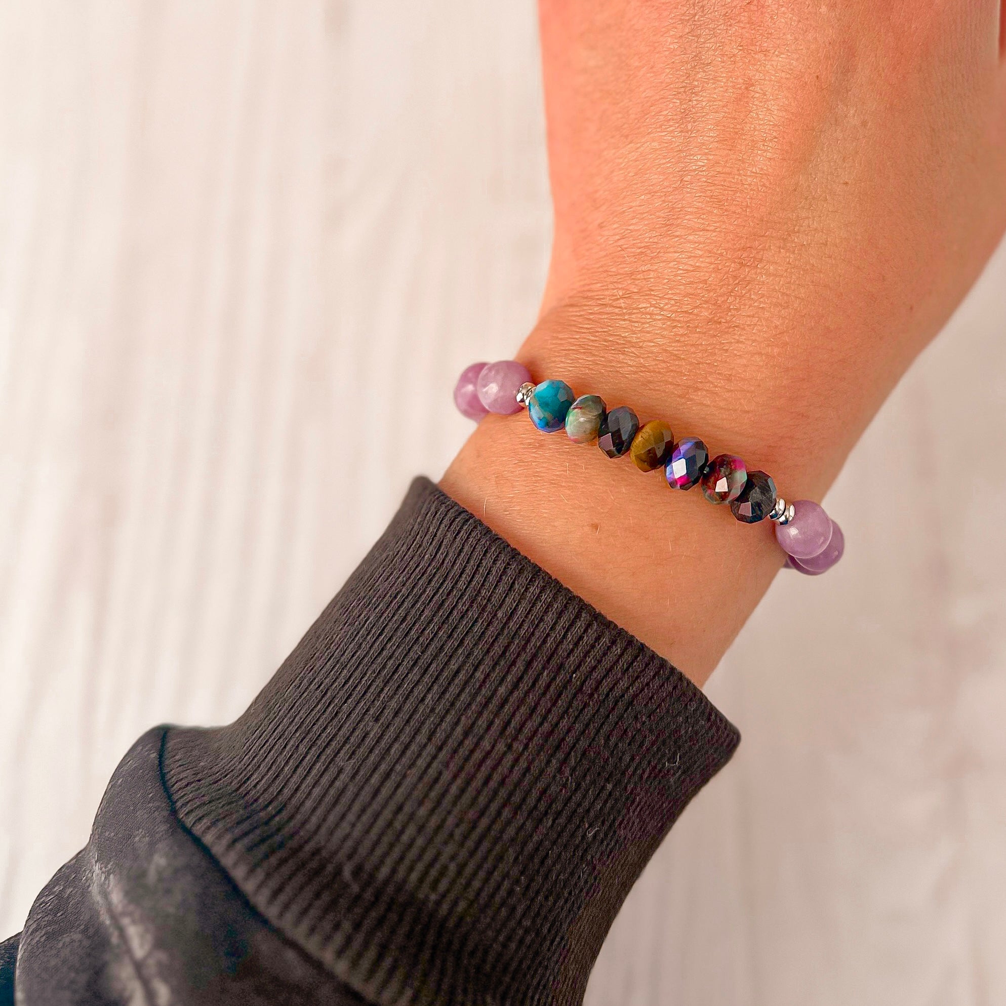 Featherly Positive Purpose Galaxy Tiger's Eye and Lepidolite Beaded Crystal Gemstone Stretch bracelet on wrist model