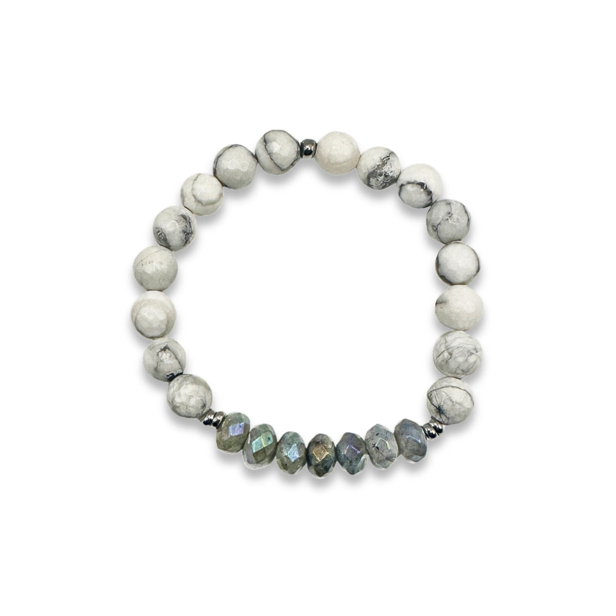 Featherly Labradorite and Howlite Positive Purpose Crystal Gemstone Stretch Beaded Stacker Bracelet