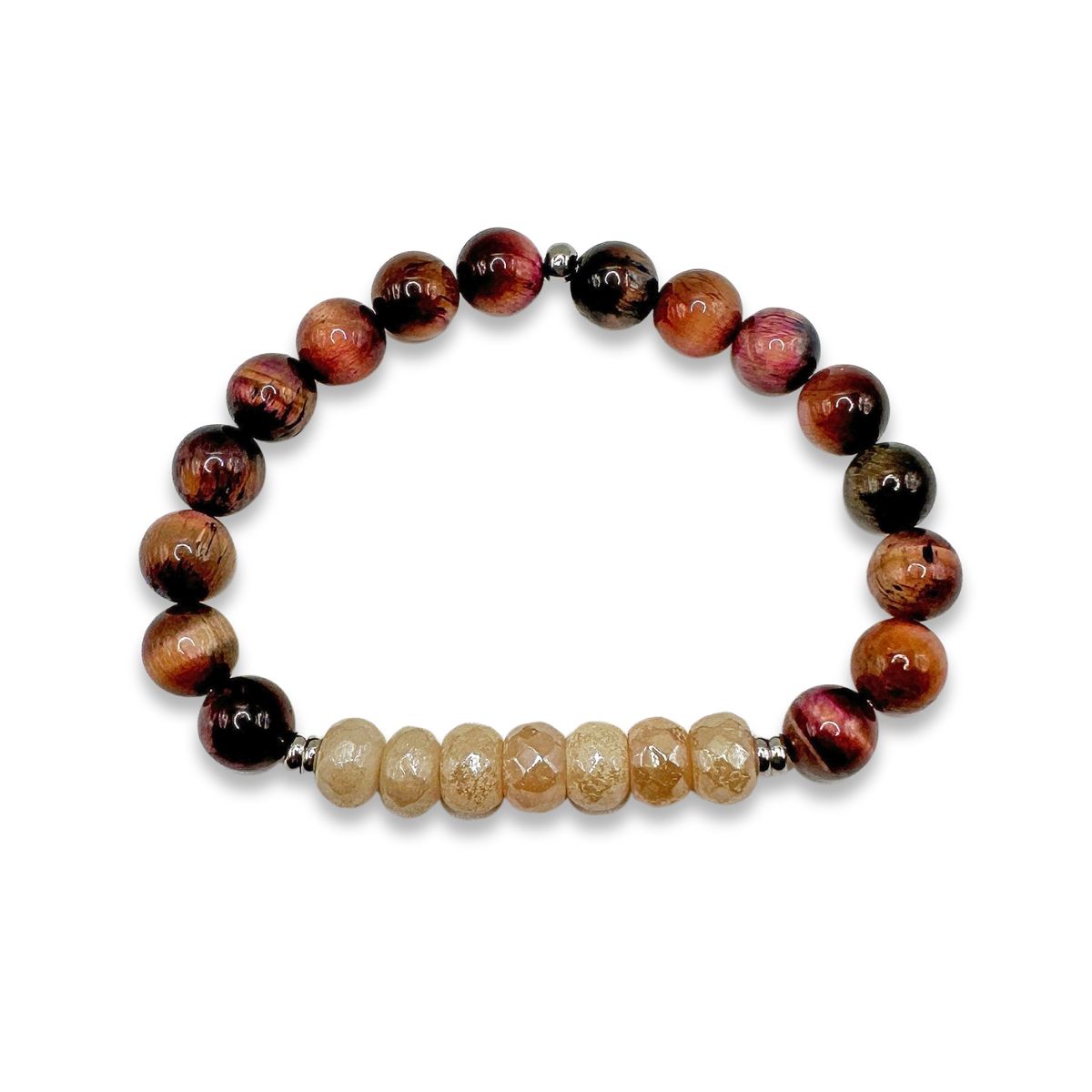 Featherly Pink Aventurine and Tiger's Eye Positive Purpose Crystal Gemstone Beaded Stretch Stacker Bracelet