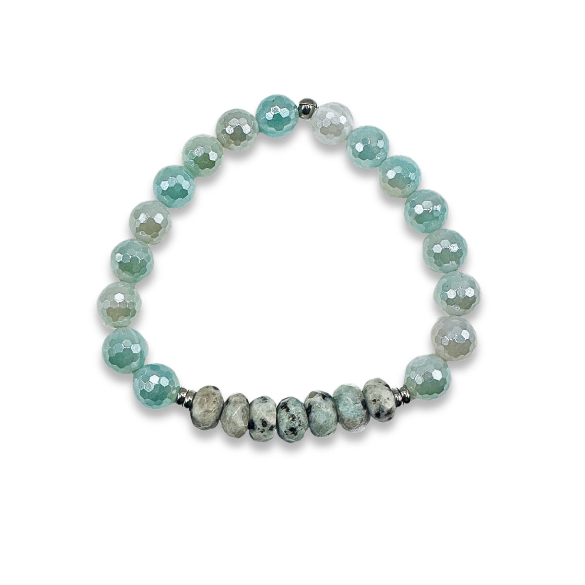 Featherly Kiwi Jasper and Light Blue Agate Positive Purpose Crystal Gemstone Beaded Stretch Stacker Bracelet