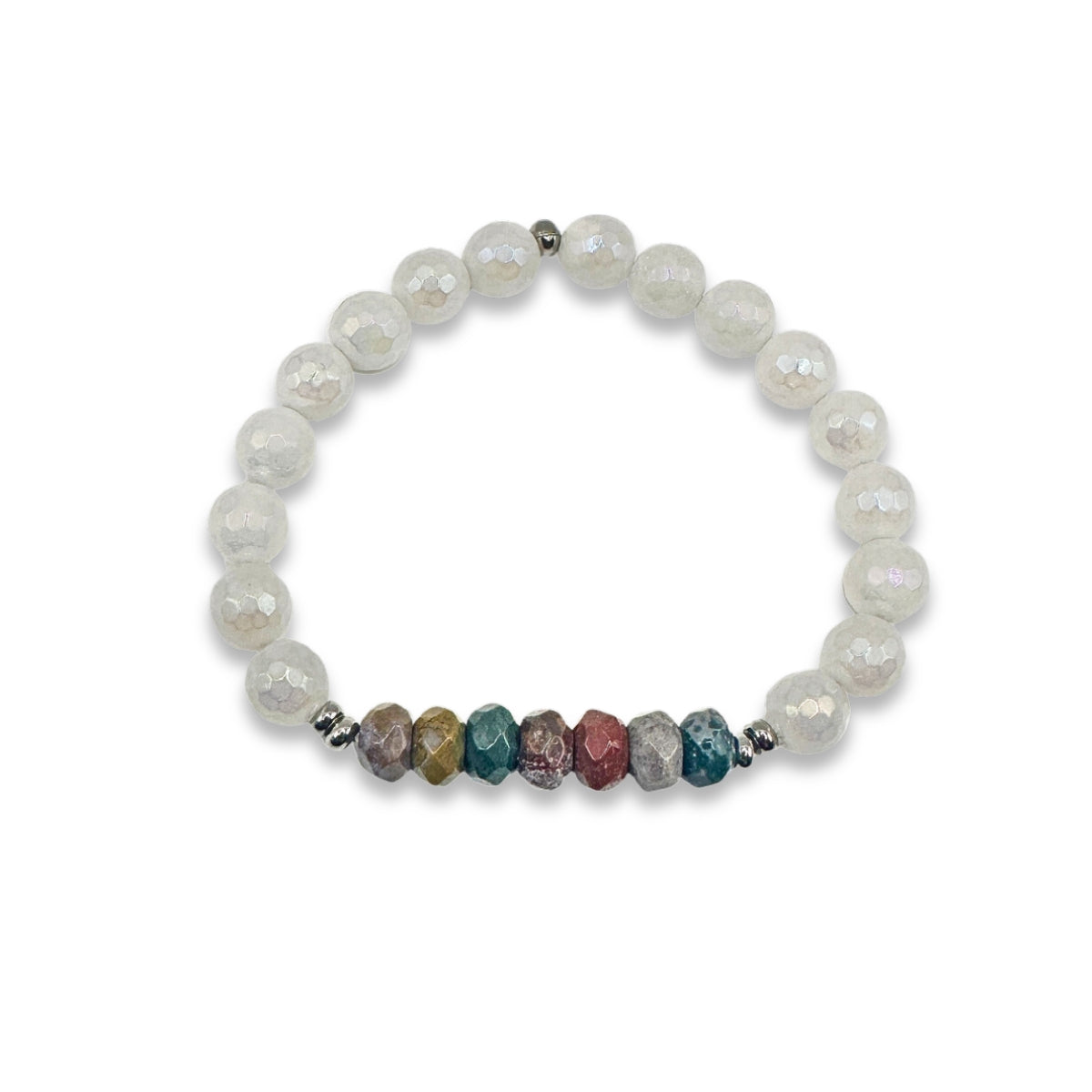 Featherly Ocean Jasper and White Jade Crystal Gemstone Beaded Stacker Stretch Bracelet