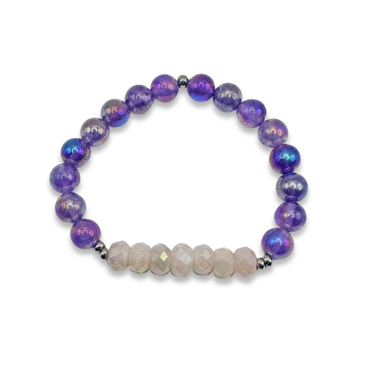 Featherly Positive Purpose Rose Quartz and Amethyst Crystal Gemstone Stretch Beaded Stacker Bracelet