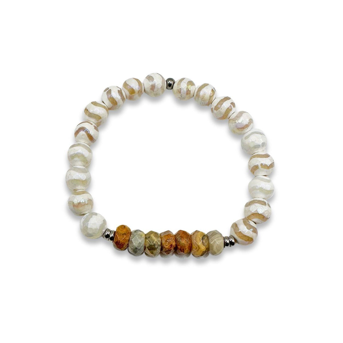 Featherly  Crazy Lace Agate and White Wave Tibetan Agate  Crystal Gemstone Stretch Beaded Stacker Bracelet