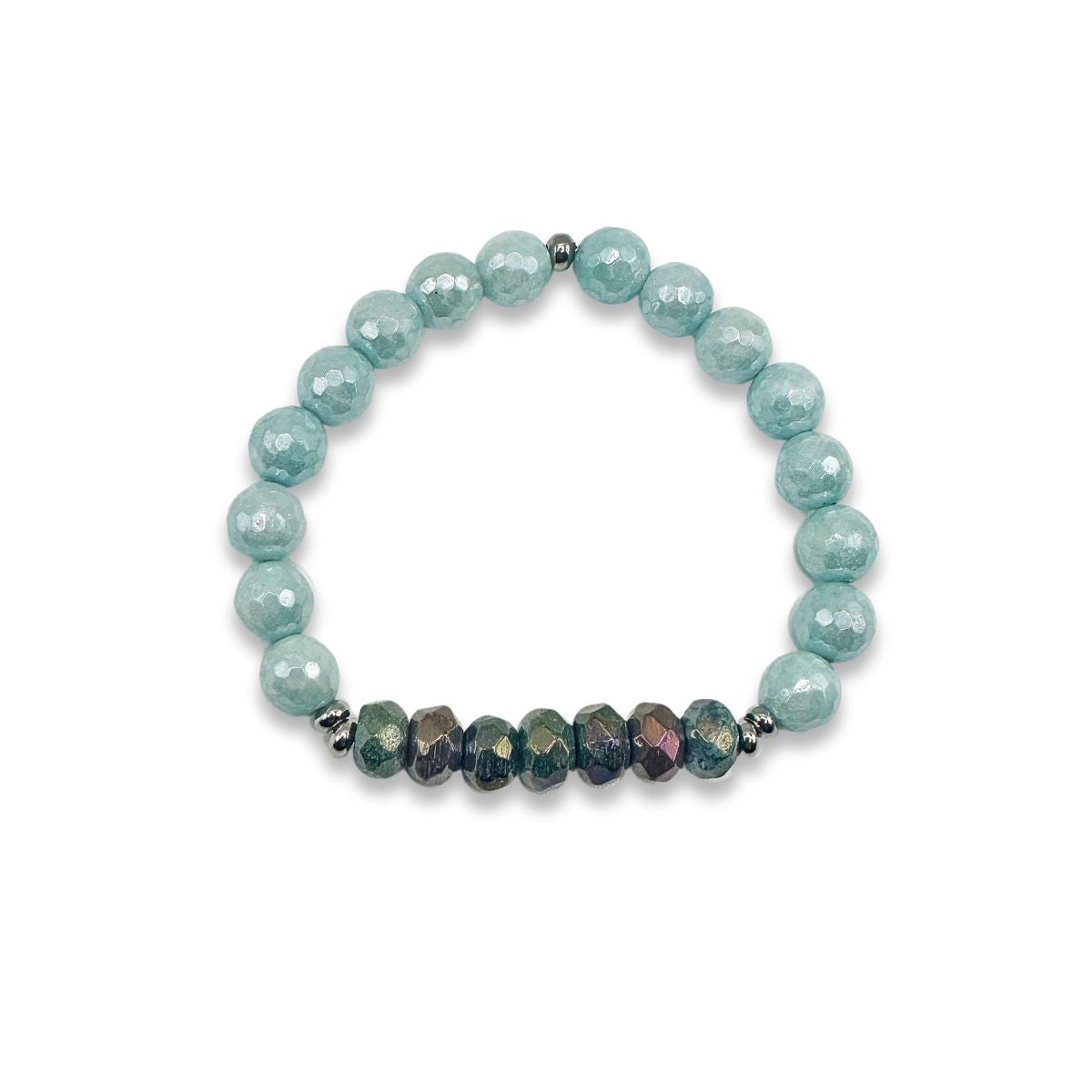 Featherly Positive Purpose Indian Jade and Aqua Jade Crystal Gemstone Stretch Beaded Stacker Bracelet