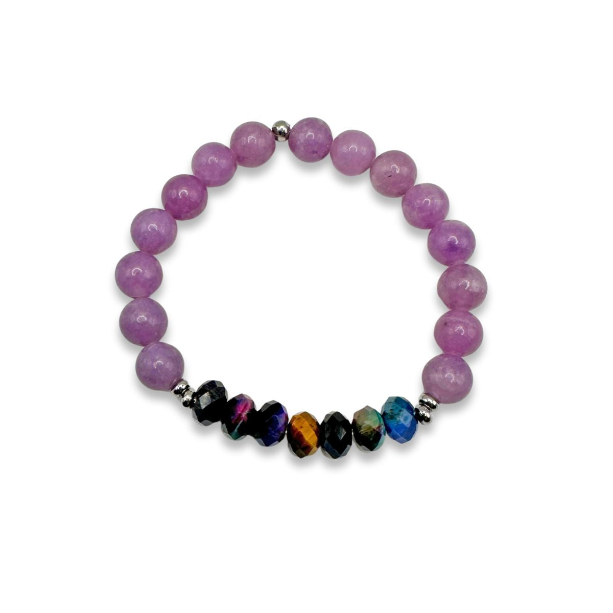 Featherly Positive Purpose Galaxy Tiger's Eye and Lepidolite Beaded Crystal Gemstone Stretch stacker bracelet 