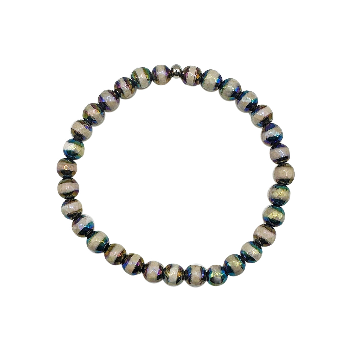 Featherly Black Lined Rainbow Tibetan Agate Faceted Mini Stacker Crystal Gemstone Beaded Bracelet