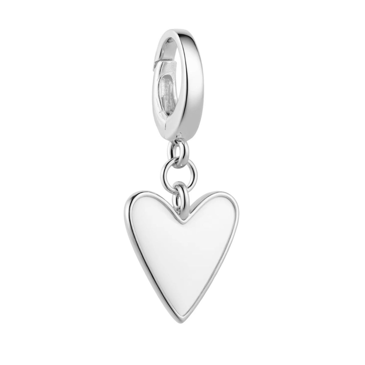 Featherly heart charm for bracelet and necklace in sterling silver with white enamel