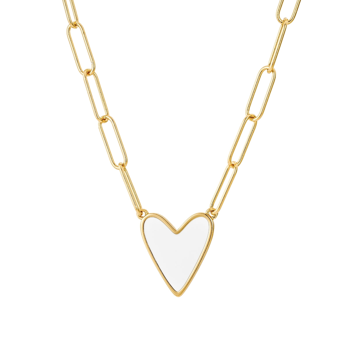 Featherly white enamel heart paperclip chain necklace in gold