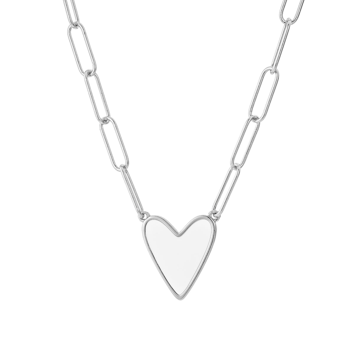 Featherly white enamel heart paperclip chain necklace in 925 sterling silver