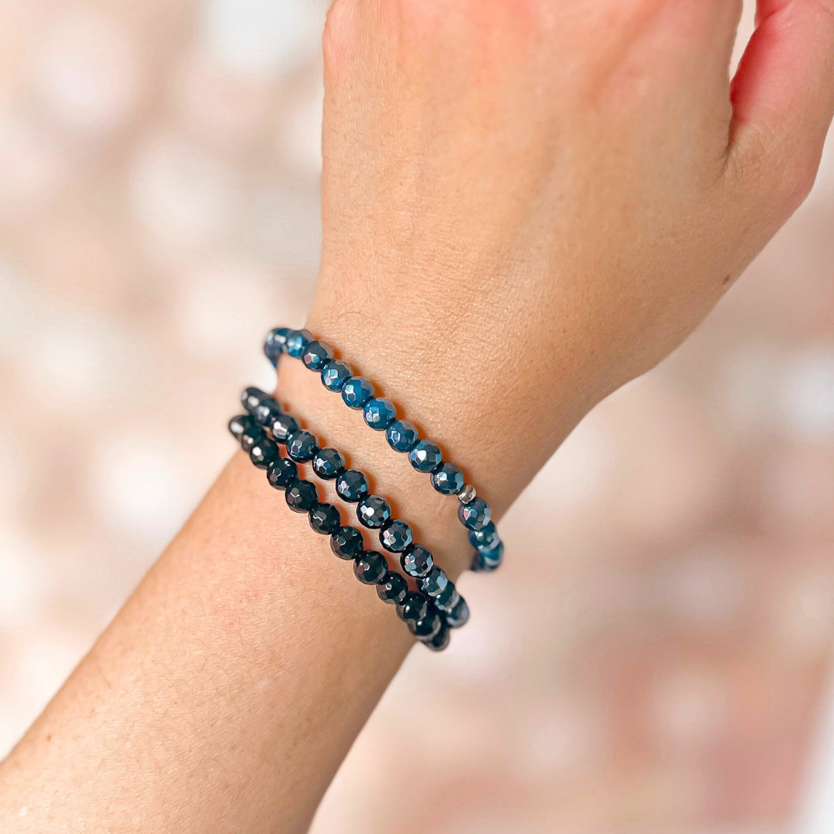 Featherly Midnight Beaded Bracelet Stack on wrist model