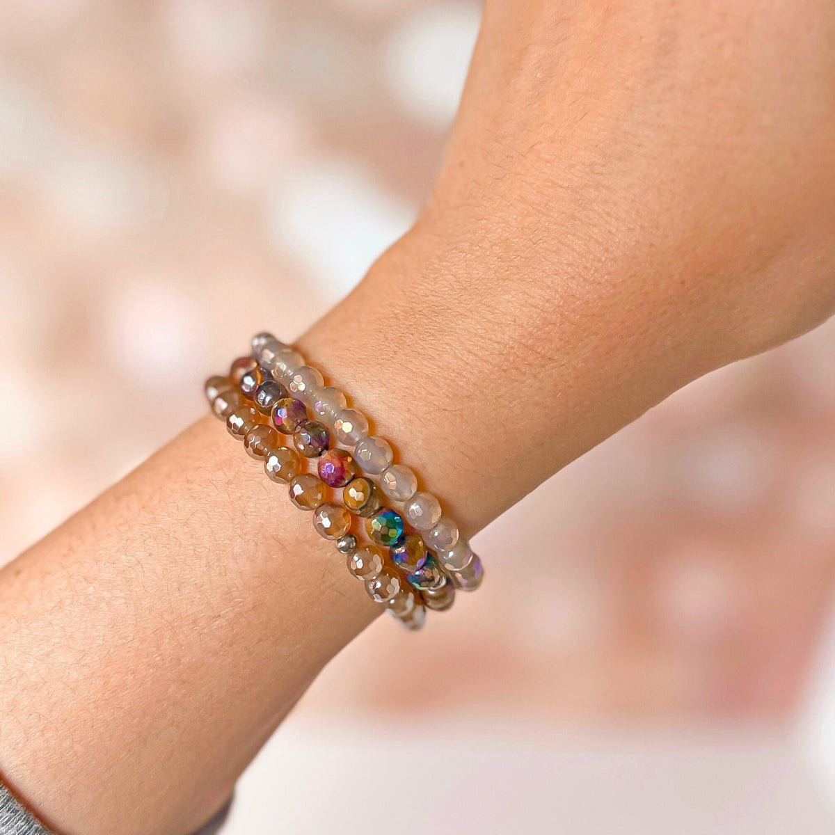 Featherly Woodsy Beaded Bracelet Stack on wrist model