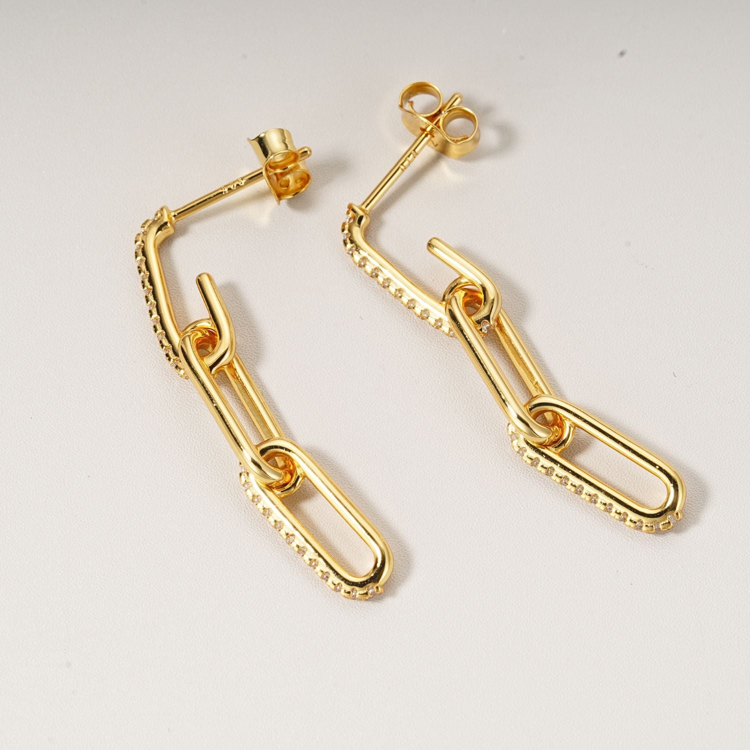 CZ Paperclip Link Dangle Earrings