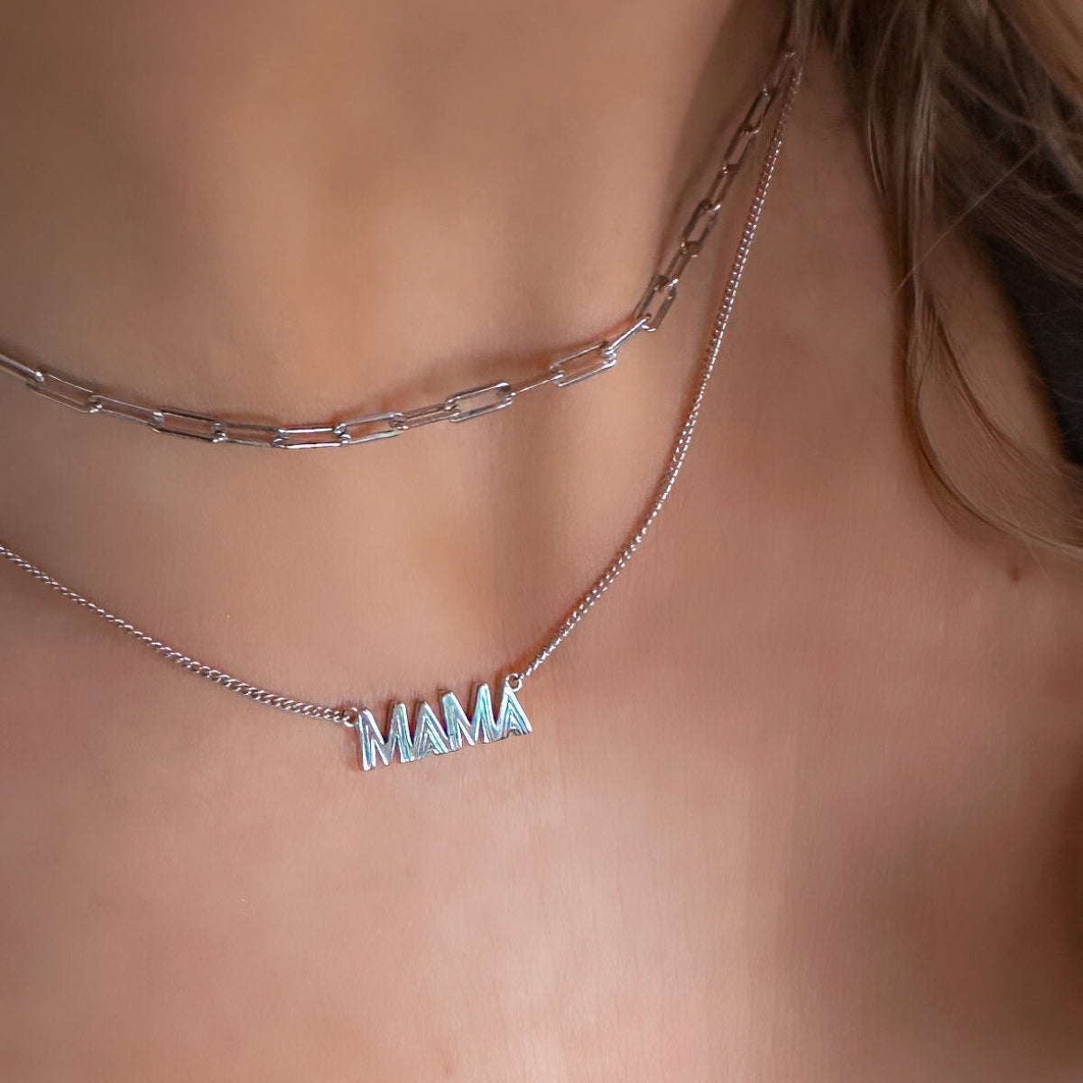 Featherly mama sterling silver necklace layered with sterling silver paperclip chain necklace