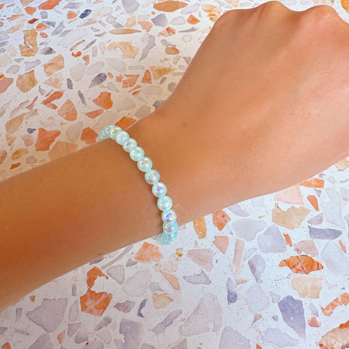 mini stacker bracelet from featherly in mystic aqua blue selenite