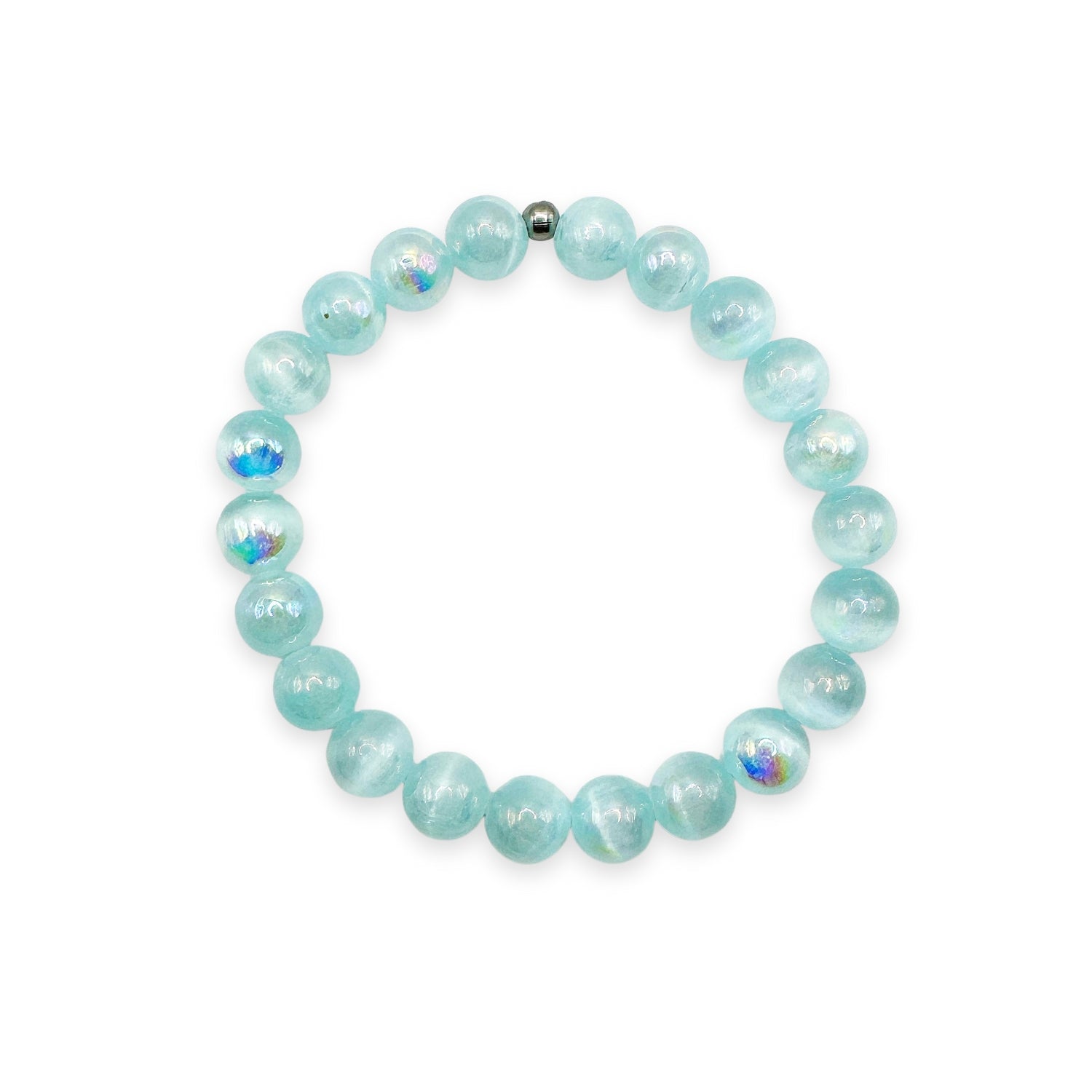 womens beaded bracelet in 8mm mystic aqua blue selenite from Featherly