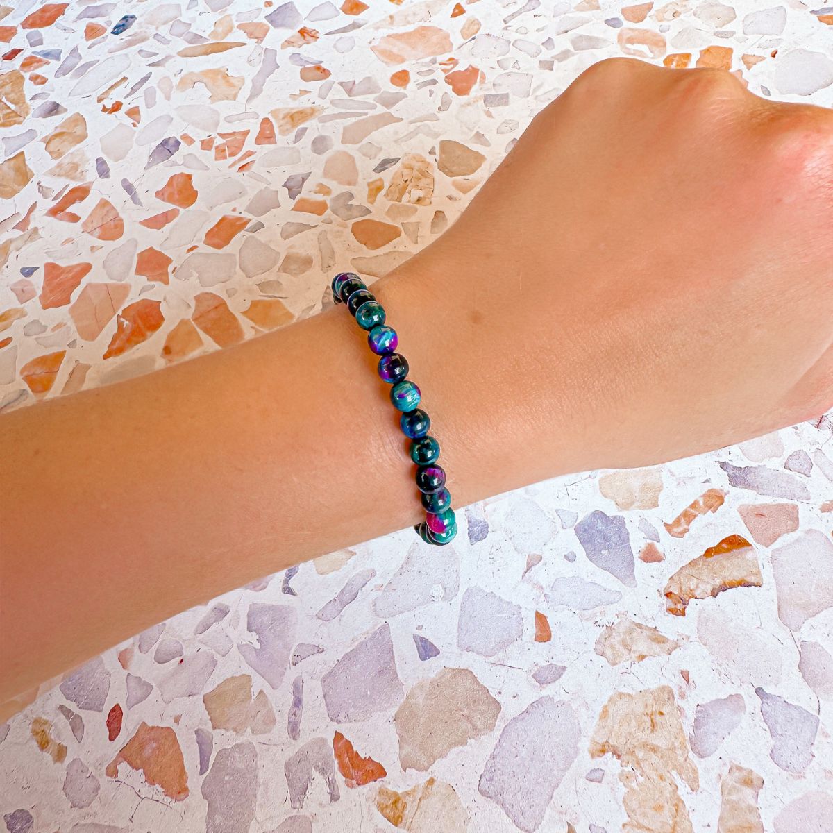 mini stacker bracelet from featherly in peacock tiger's eye