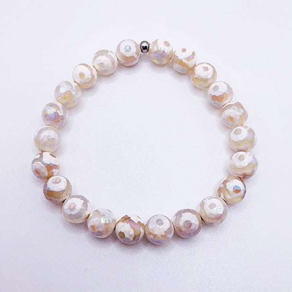 Featherly White Evil Eye Tibetan Agate Faceted Stacker Gemstone Beaded Bracelet