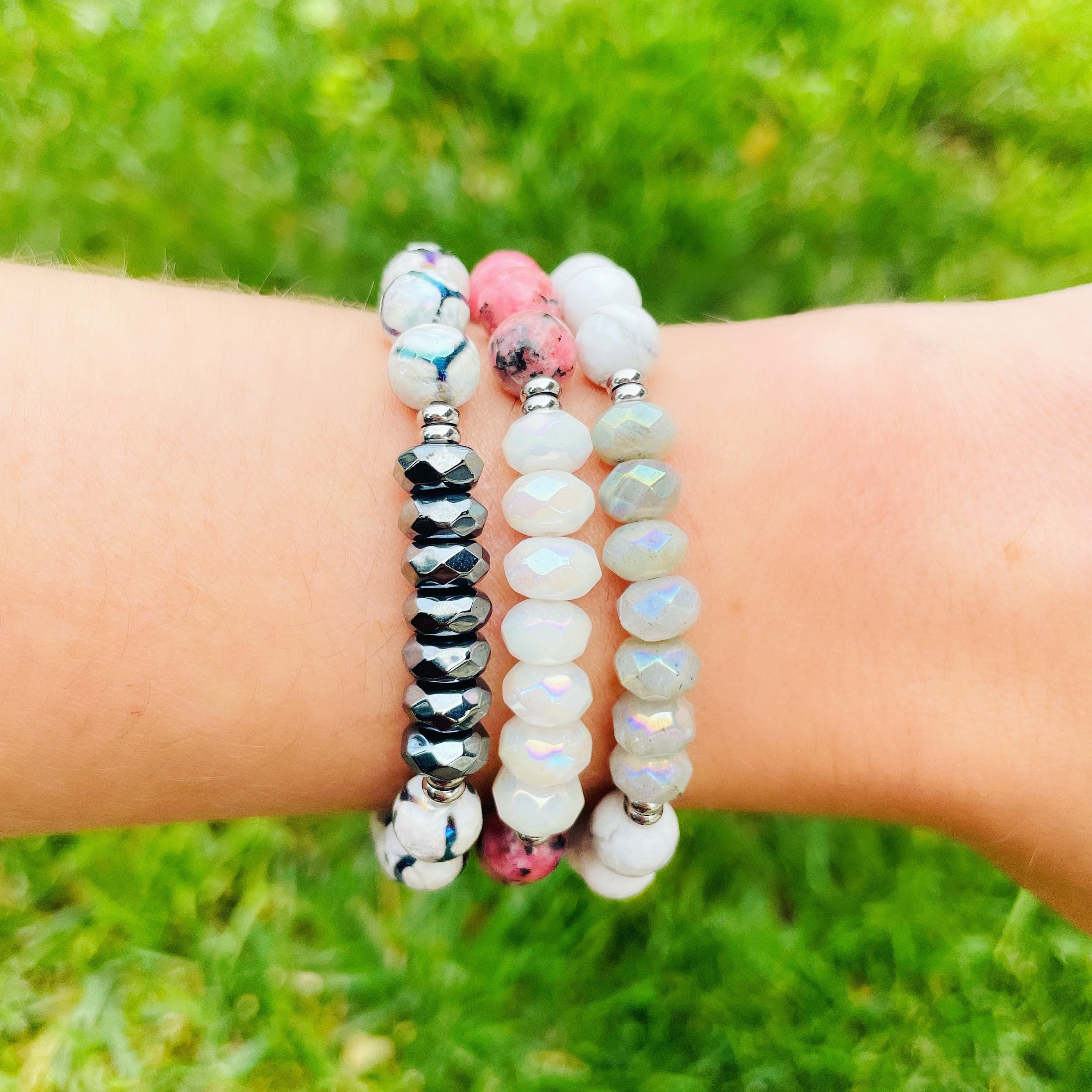 Positive Purpose - White Jade and Pink Dalmatian Jasper Bracelet