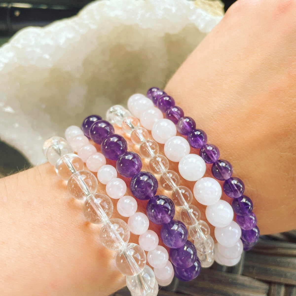 gemstone beaded bracelets for women from featherly in clear quartz, rose quartz, amethyst
